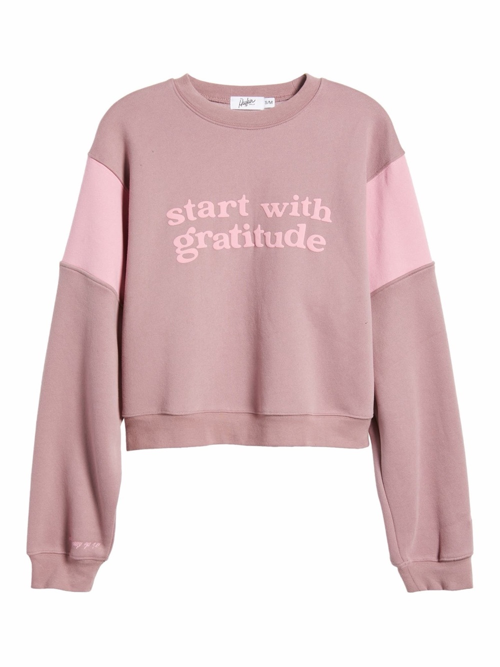 Mayfair Group Start With Gratitude Cropped Graphic Sweatshirt M/L Mauve Pink